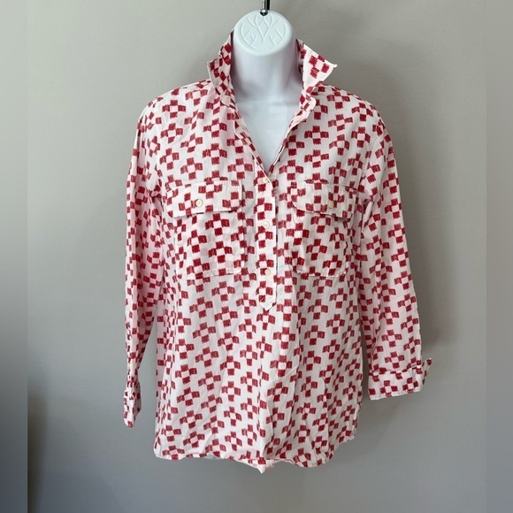 Madewell red and white patterned long sleeve collared pop over top size small - Picture 3 of 8